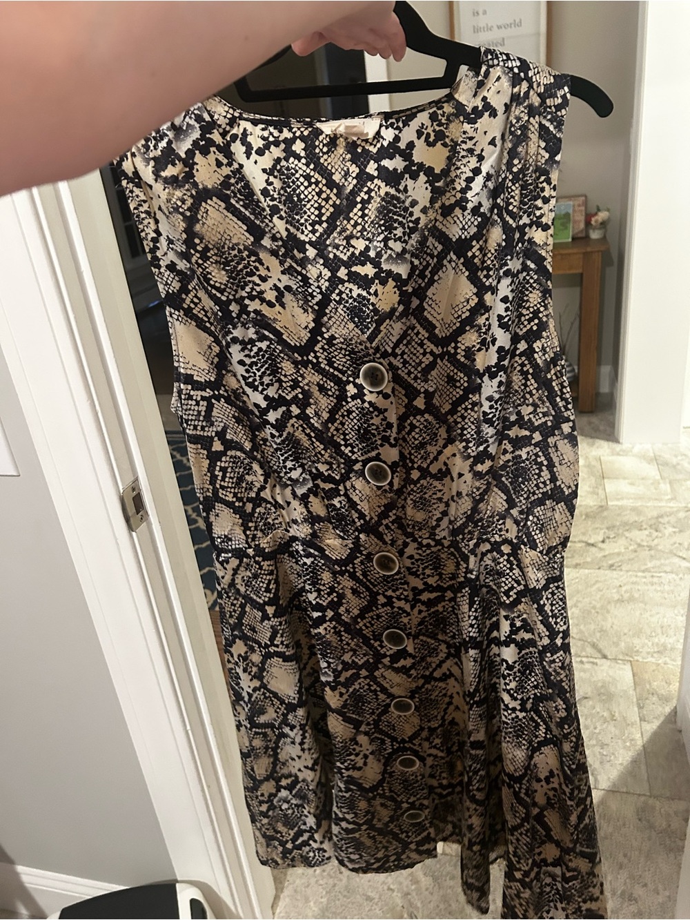 Sandy & Sid Sleeveless Beige and Black Snake Print Button-Front Dress